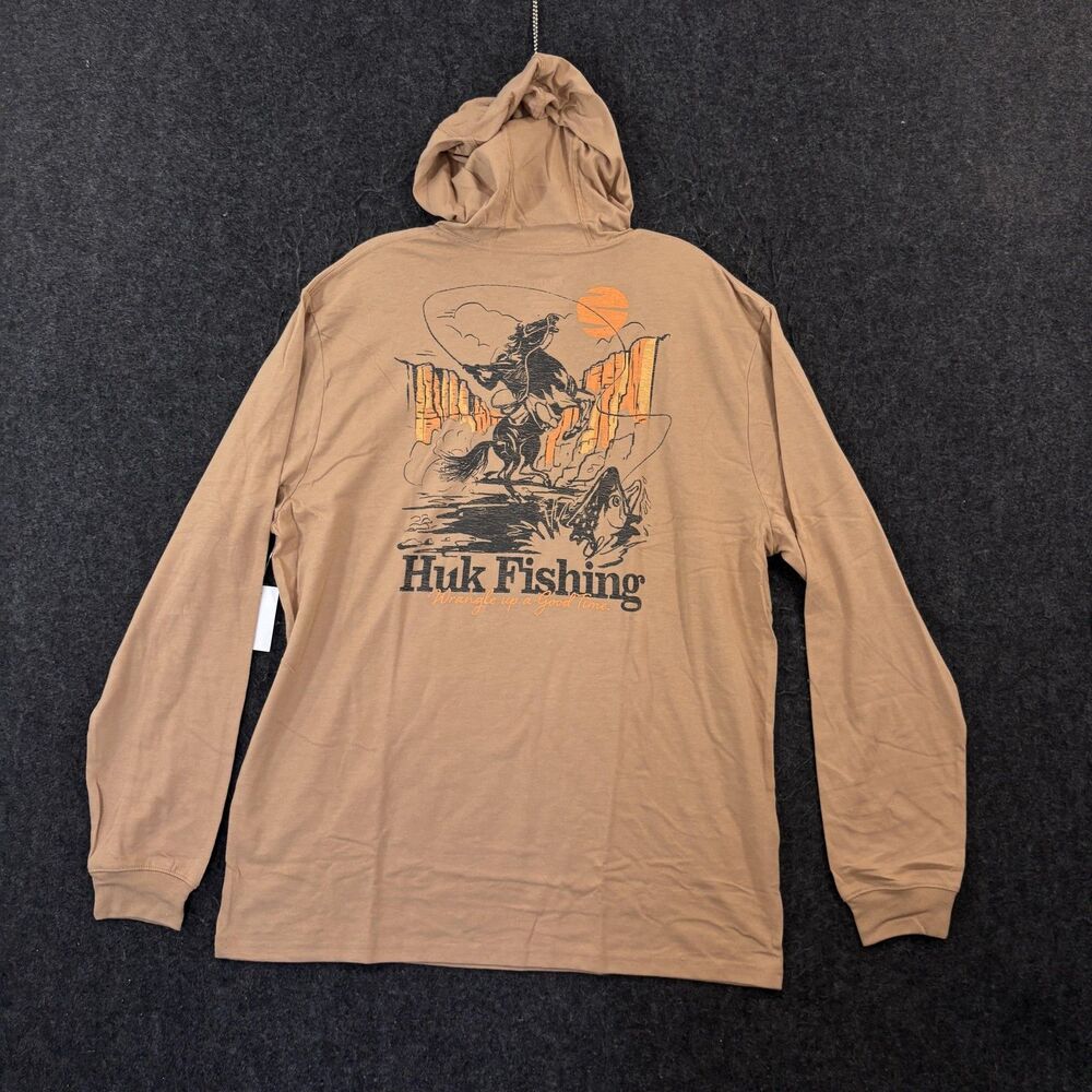Huk Trout Wrangle Hoodie Shirt Men's Large Beige Lightweight Fishing Pullover